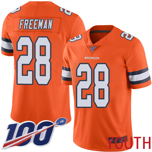 Youth Denver Broncos 28 Royce Freeman Limited Orange Rush Vapor Untouchable 100th Season Football NFL Jersey